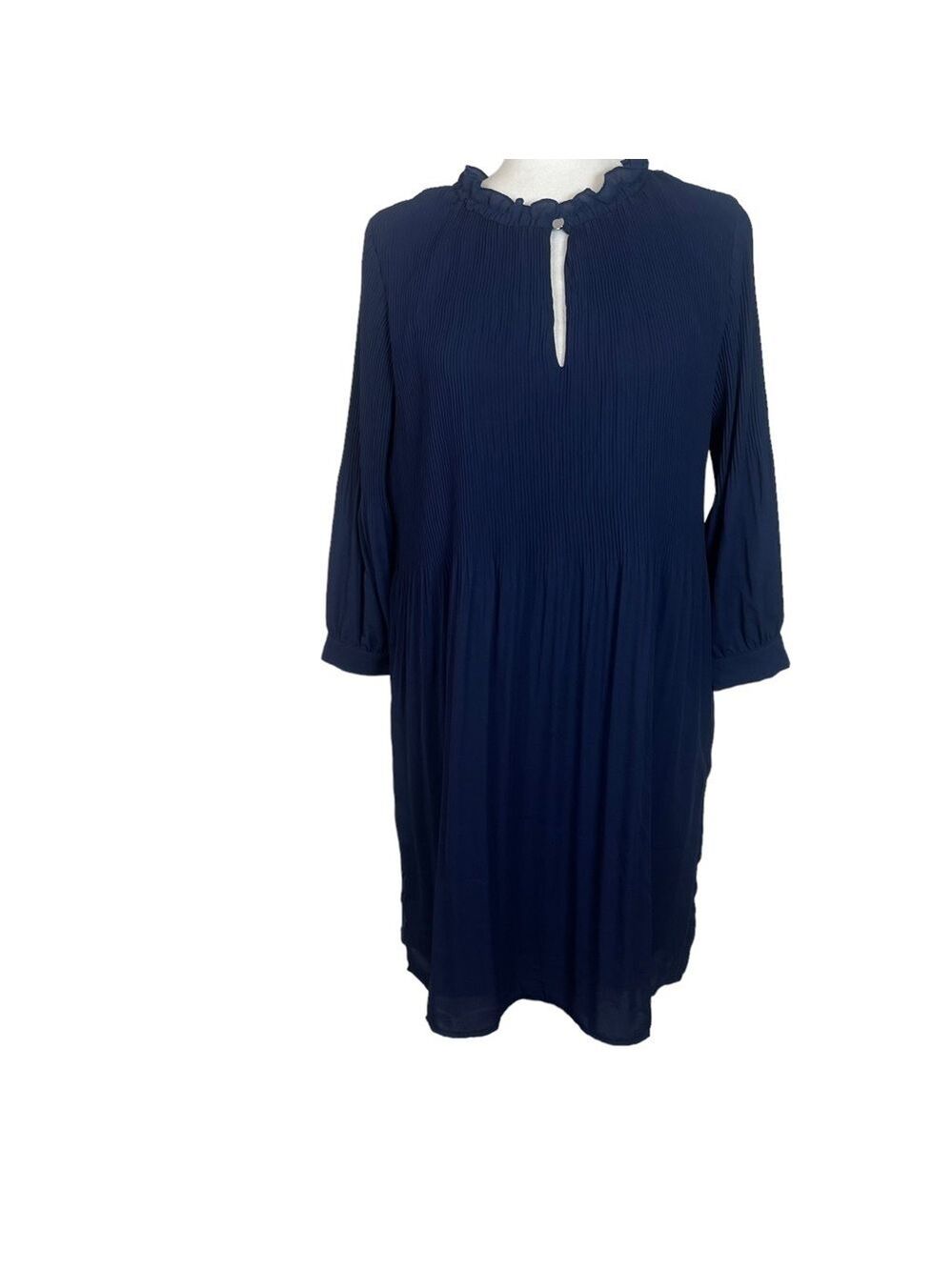 Halston Blue High Neck Keyhole Pleated Ling Sleeved Stretch MIDI Dress S… - Picture 2 of 16